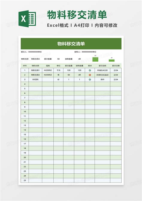 通用物料移交清单Excel模板下载_熊猫办公