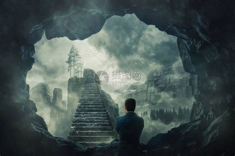 一个人从黑暗的洞穴中逃脱的超现实景象站在一个神秘的楼梯前高清图片下载-正版图片502645618-摄图网