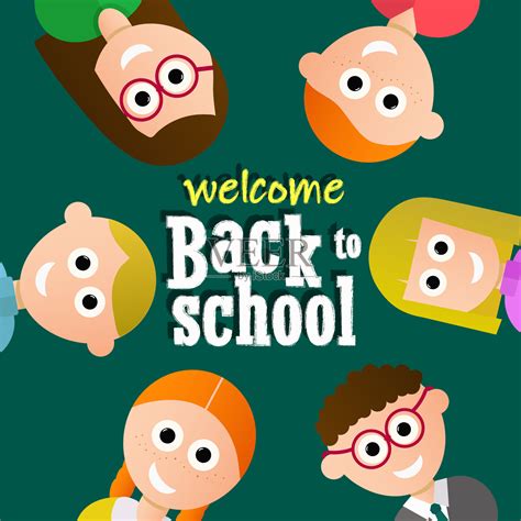 欢迎回到校园海报，绿色背景上是快乐的孩子们。平面设计。插画图片素材_ID:423738100-Veer图库