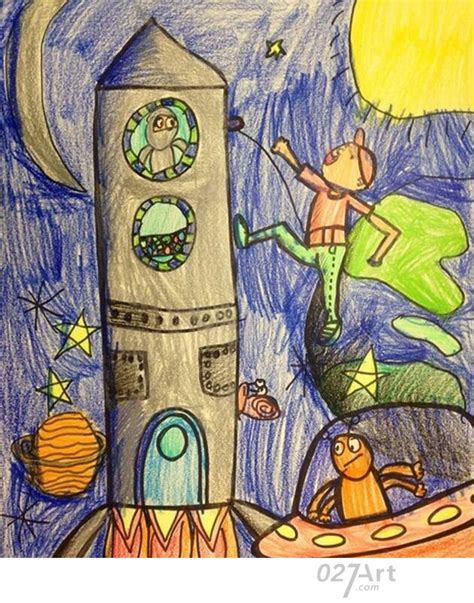 太空中的火箭科幻画简单又好看的作品 — 儿童蜡笔画图片大全 ...