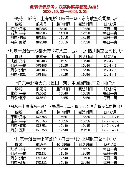 丹东机场冬春航班最新时刻表（2022-2023）- 沈阳本地宝