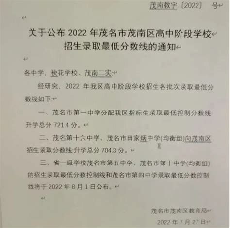 2022年广东茂名茂南区中考普高最低录取分数线公布_2022中考分数线_中考网