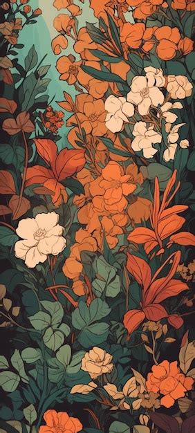 Un papel pintado con flores y hojas naranjas y blancas. | Foto Premium