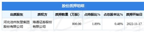 沧州明珠（002108）股东河北沧州东塑集团股份有限公司质押800万股，占总股本0.48%-股票频道-和讯网
