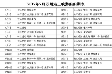 2019年9月万州港船期信息表-重庆市万州港口(集团)有限责任公司