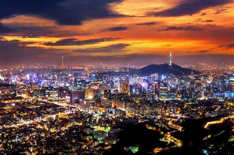 首尔,城市天际线,塔,韩国,水平画幅,山,夜晚,雪,曙暮光,旅行者图片素材下载-稿定素材