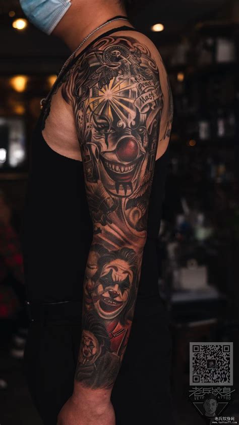 欧美写实小丑花臂纹身 - 花臂半胛作品 武汉老兵纹身