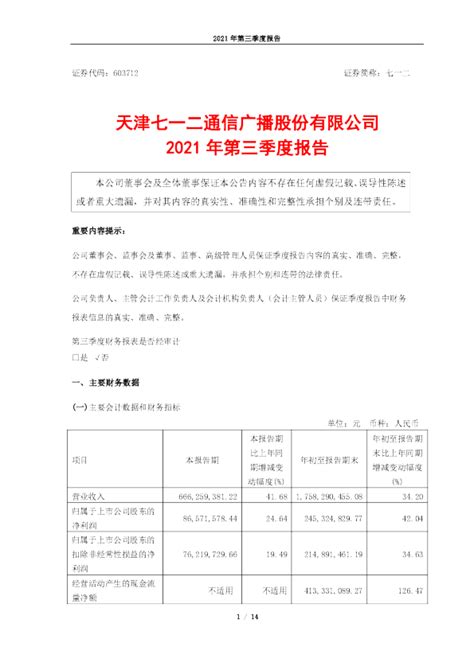 七一二：天津七一二通信广播股份有限公司2021年第三季度报告