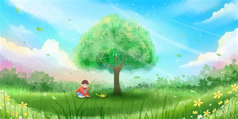 春天植树节男孩在大树下种小树苗插画图片下载-正版图片401683971-摄图网