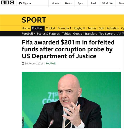 BBC：美国司法部向国际足联归还2亿美元涉贪资金 | 体育大生意