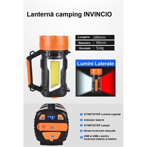 Lanterna camping, Invincio, functii supravietuire si urgenta, incarcare ...