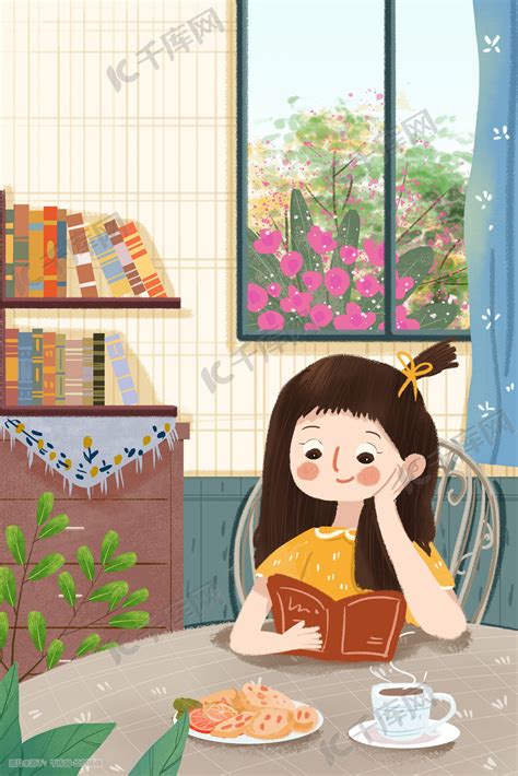 世界读书日女孩看书读书小清新插画图片-千库网
