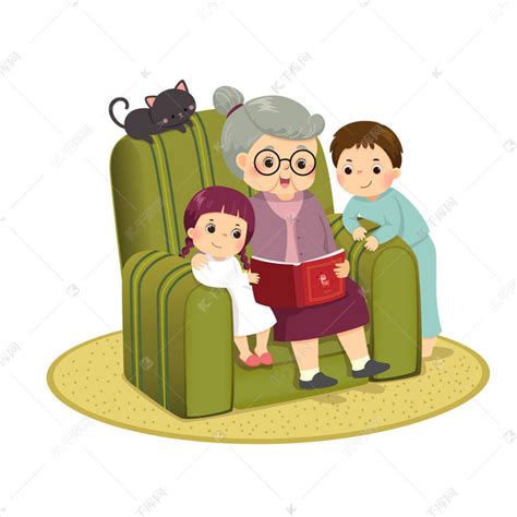 奶奶在沙发上给孙子孙女讲故事的病媒图解.素材图片免费下载-千库网