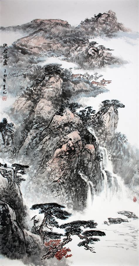 李尤（北京美协）国画山水画 四尺竖幅《幽谷流泉》_1号字画网
