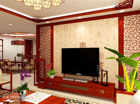中式客厅红色实木电视背景墙装修效果图 – 设计本装修效果图