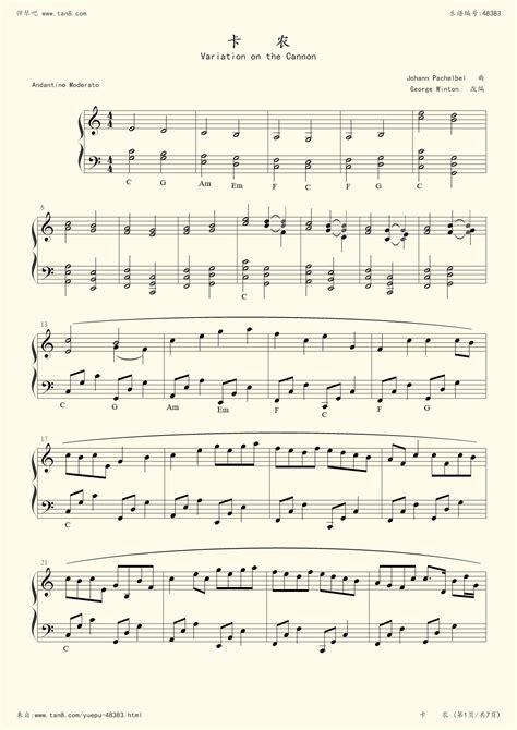 《卡农 ,钢琴谱》C大调简化版,Johann Pachelbel（五线谱 钢琴曲 指法）-弹吧|蛐蛐钢琴网