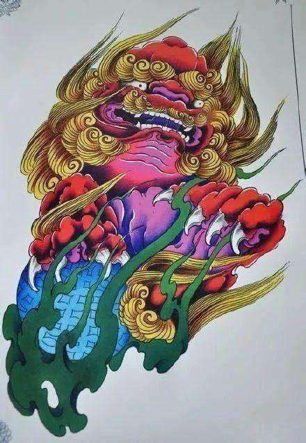 唐狮包小腿纹身含义,新传统唐狮纹身图案